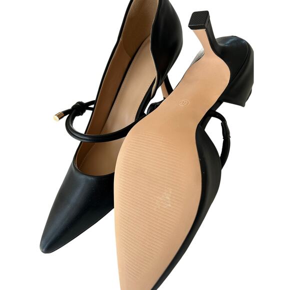 Women's Black Leather Knotted-Strap D'Orsay Kitten Heel Pumps Sz 10 - Picture 6 of 10